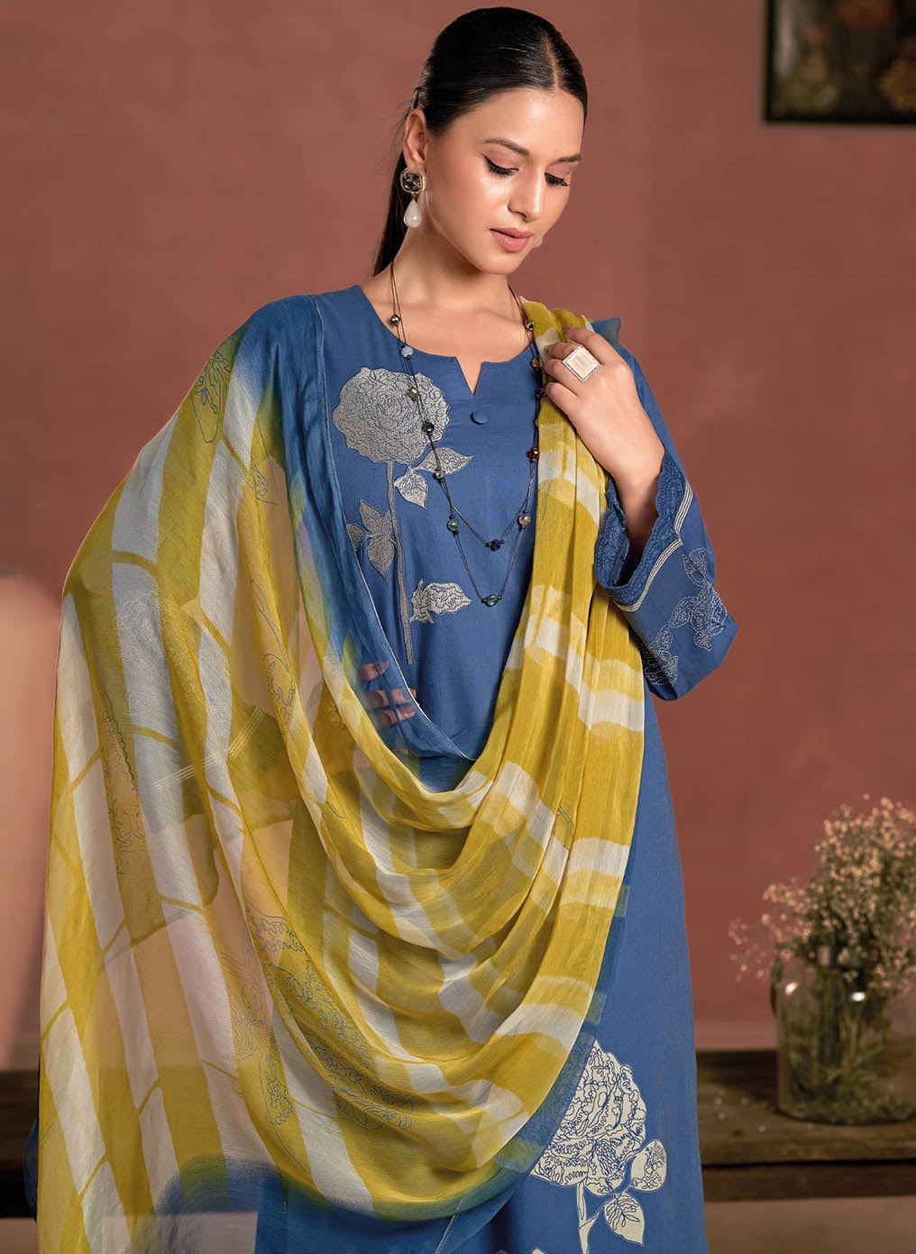 Pure Lawn Cotton Blue Unstitched Salwar Suit Dress Material for Women