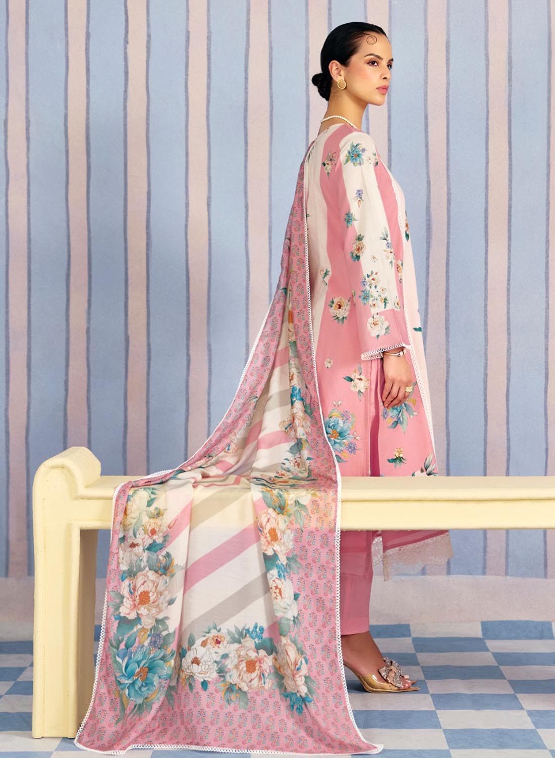 Pure Lawn Cotton Pink Unstitched Salwar Suit Material with Embroidery