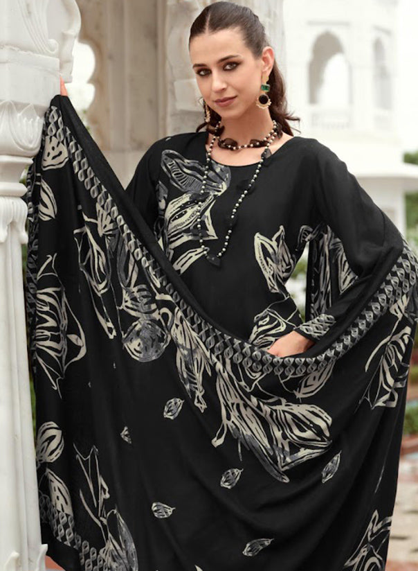Black Viscose Pashmina Unstitched Winter Salwar Suit Set Fabric Material