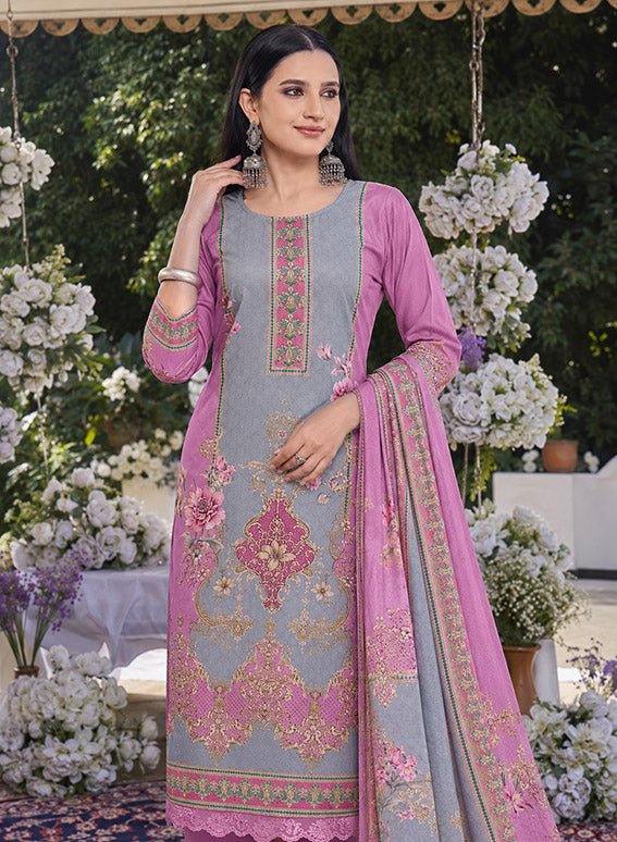 Printed Pink Cotton Unstitched Suit Dress Material with Dupatta for Women