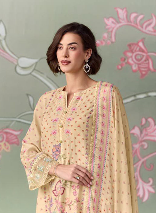 Pure Muslin Party Wear Beige Unstitched Suit Material with Embroidery