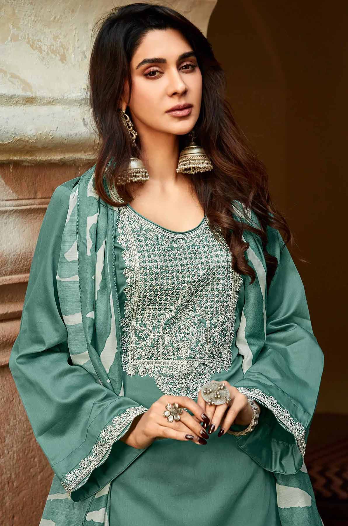 Teal Blue Pure Cotton Satin Salwar Suit with Embroidery Unstitched Isabella