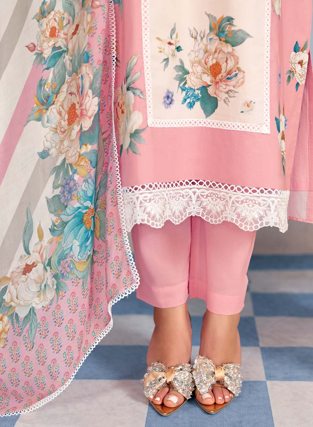 Pure Lawn Cotton Pink Unstitched Salwar Suit Material with Embroidery