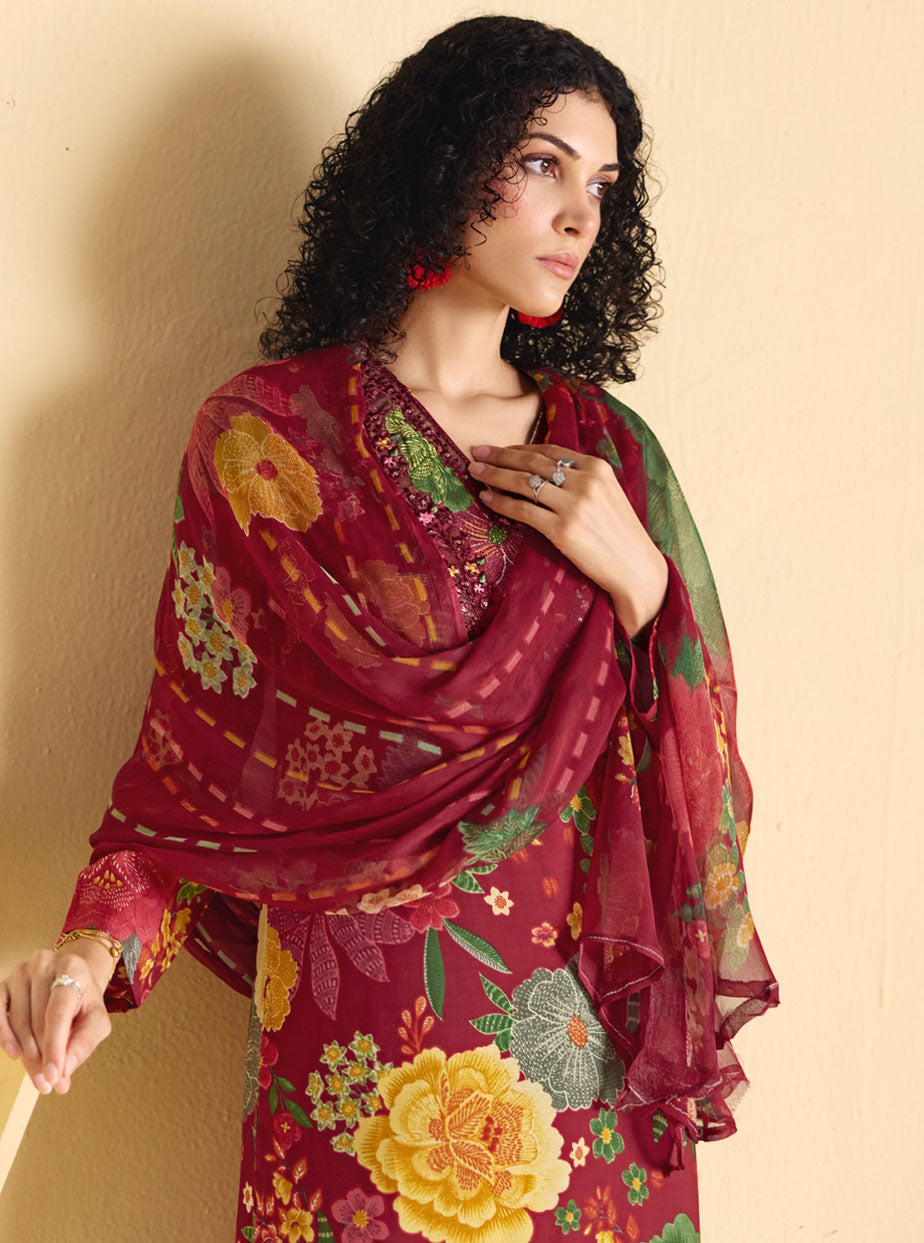 Muslin Unstitched Maroon Party Wear Suit Dress Material with Embroidery