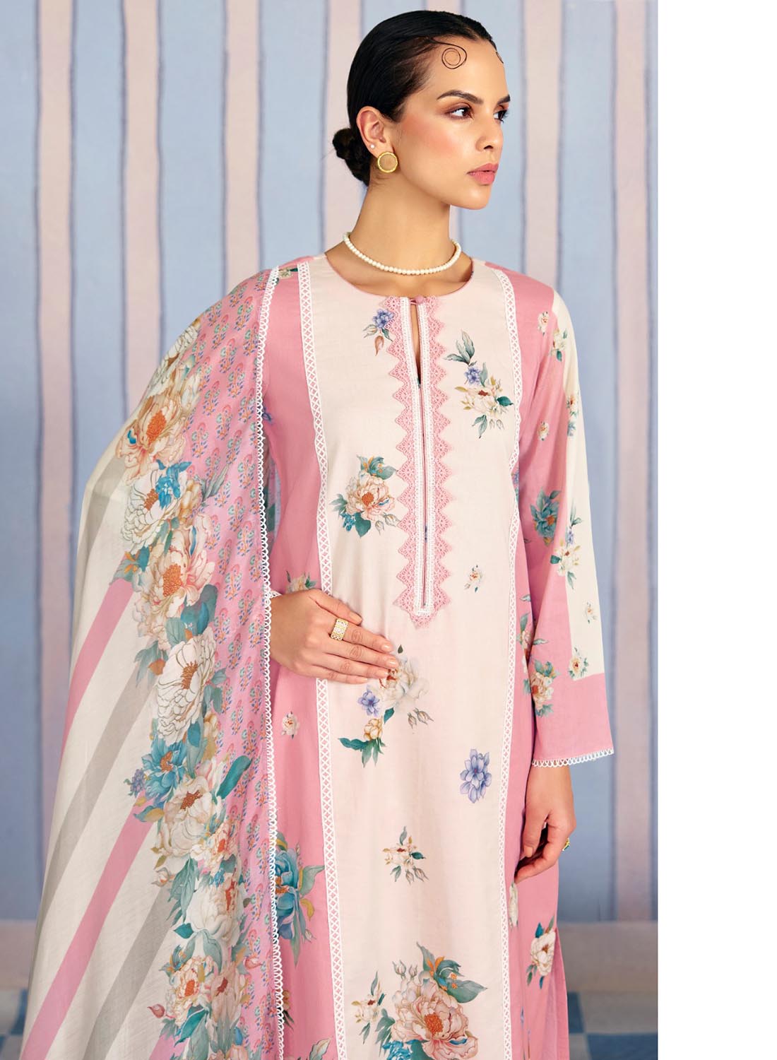 Pure Lawn Cotton Pink Unstitched Salwar Suit Material with Embroidery