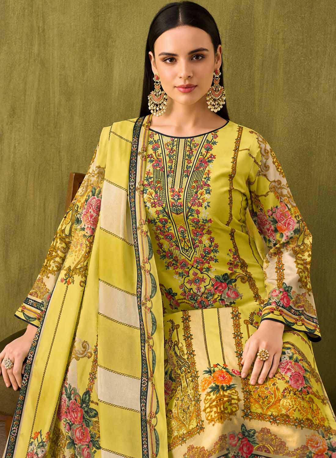Lemon Green Printed Unstitched Cotton Pakistani Suit Material with Embroidery
