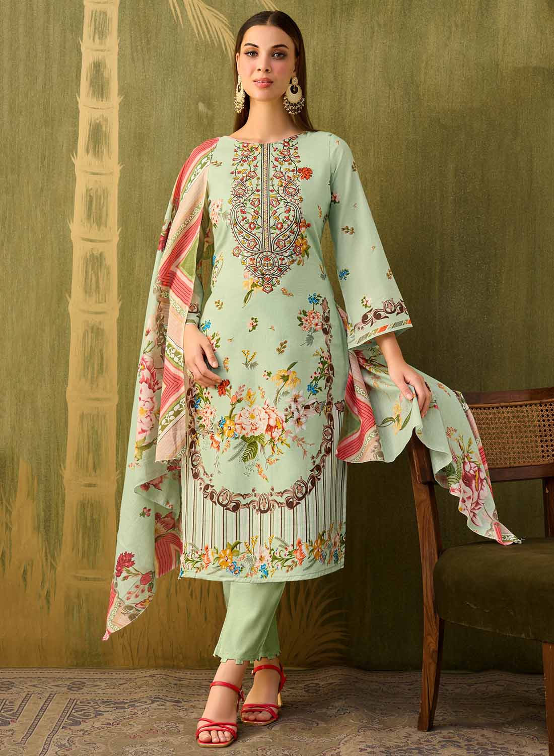 Printed Unstitched Cotton Pakistani Suit Dress Material with Embroidery