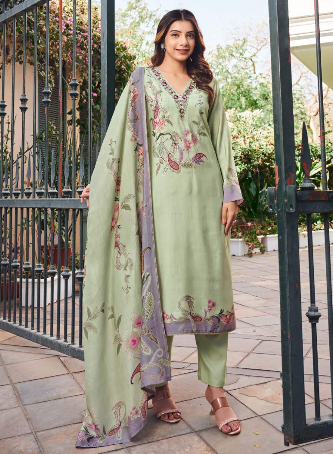 Party Wear Green Muslin Unstitched Salwar Suit Set with Embroidery