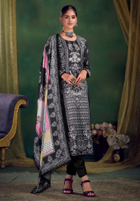 Black Unstitched Pakistani Print Pashmina Winter Suit Dress Material IBIZA