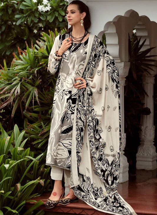 Cream Viscose Pashmina Unstitched Winter Salwar Suit Set Fabric Material