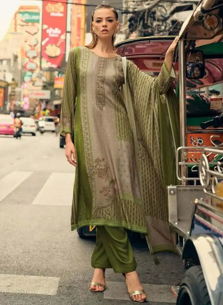 Green Unstitched Pashmina Winter Salwar Suit Set Material for Women