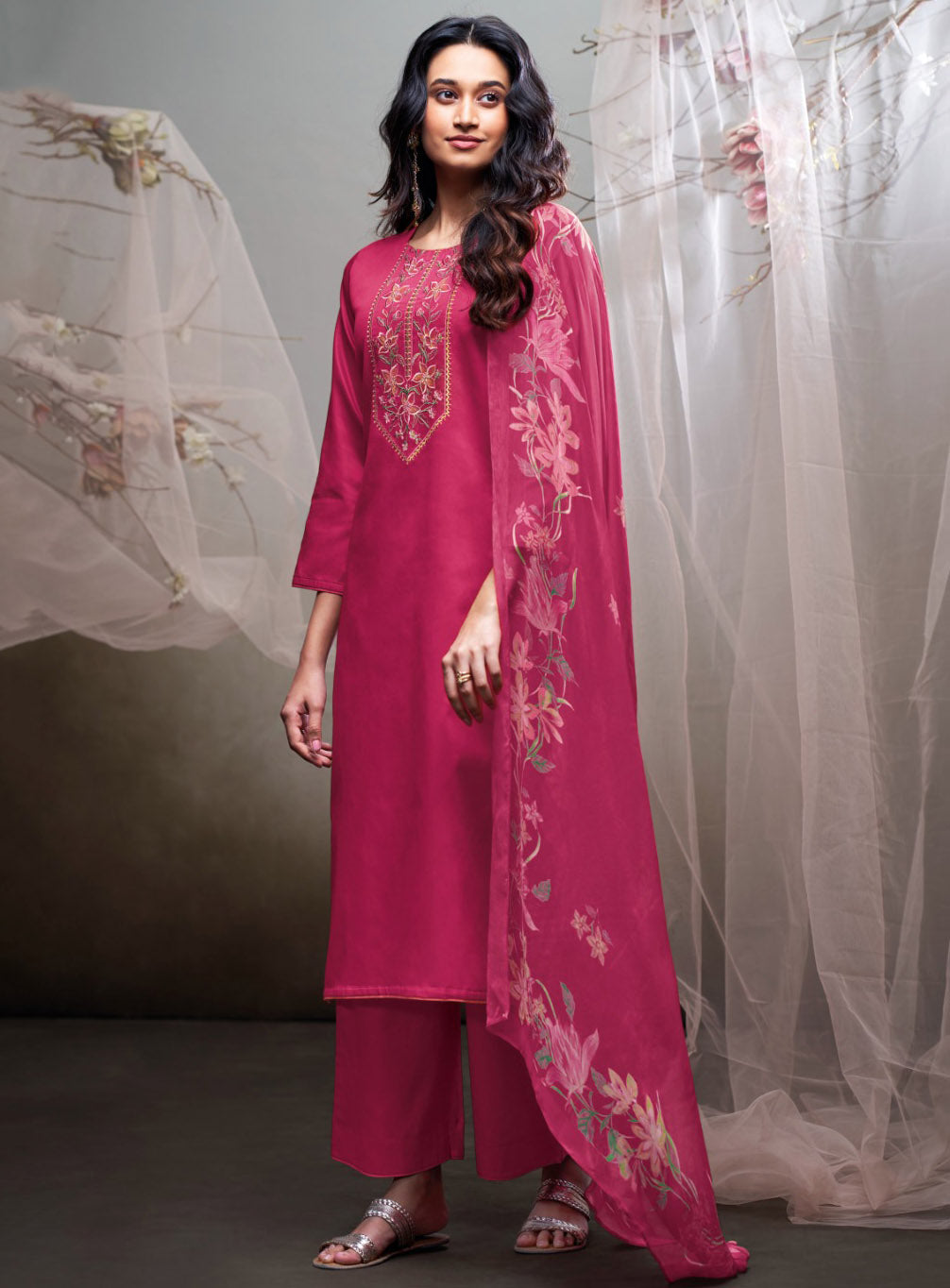 Ganga Pink Unstitched Cotton Satin Suit Material with Chiffon Dupatta