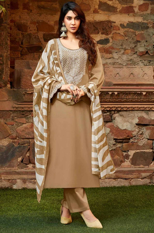 Brown Pure Cotton Satin Salwar Suit with Embroidery Unstitched Isabella