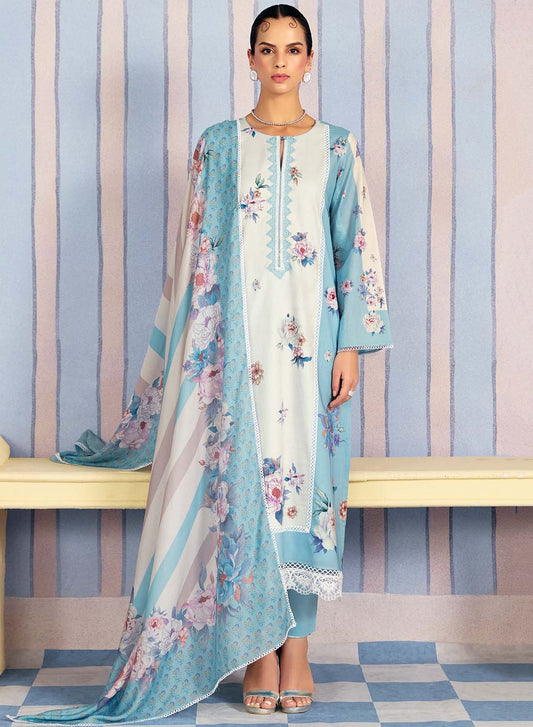 Pure Lawn Cotton Blue Unstitched Salwar Suit Material with Embroidery