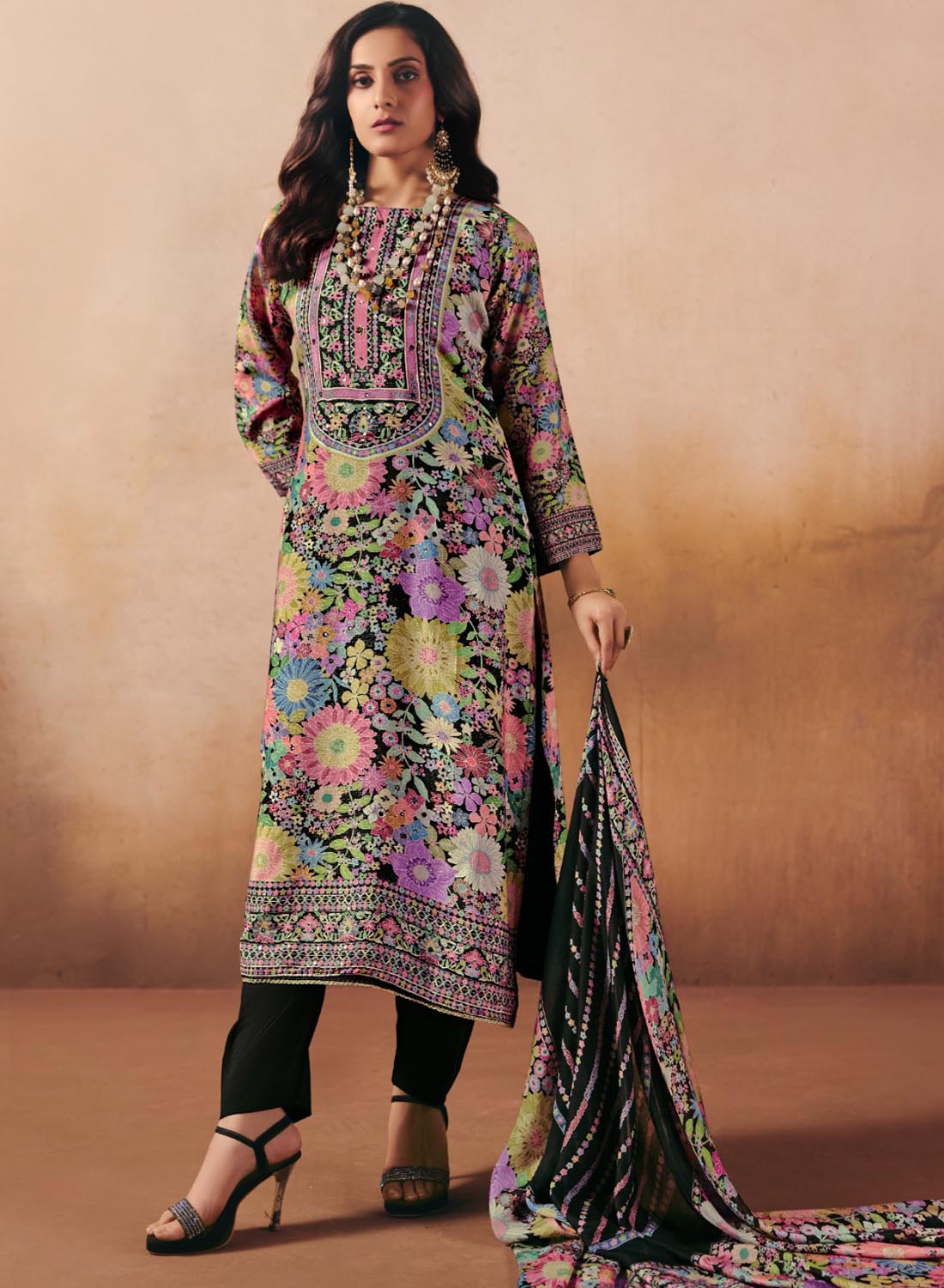 Party Wear Muslin Shimmer Black Unstitched Salwar Suit Material for Women