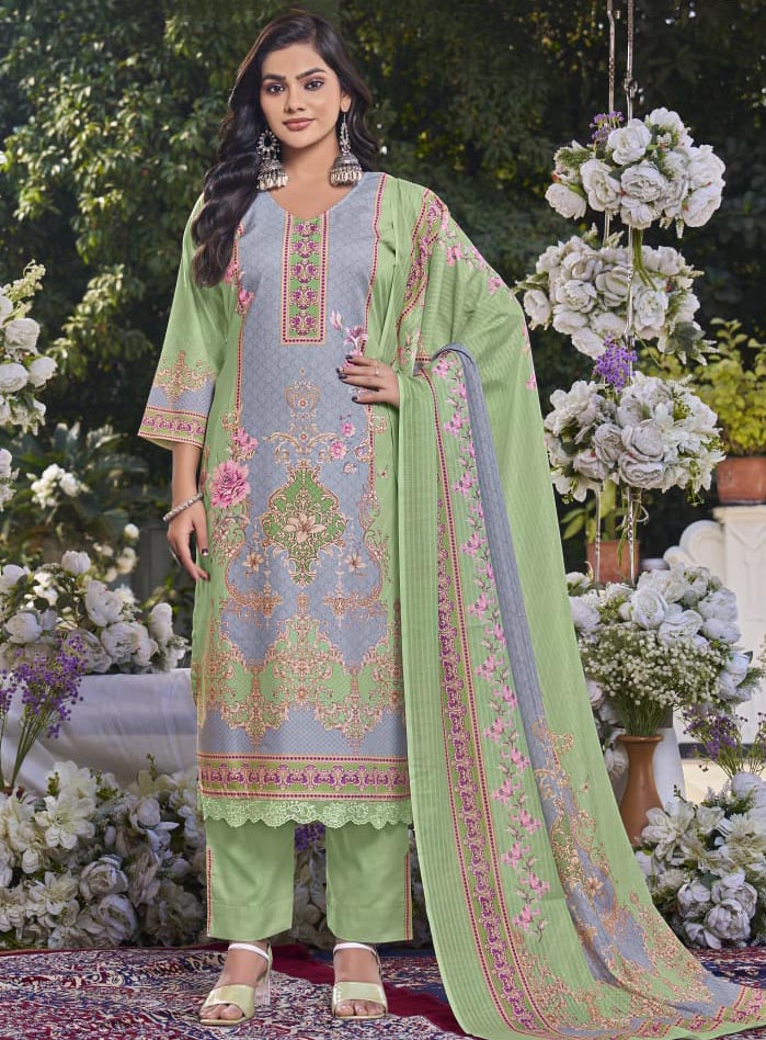 Printed Green Cotton Unstitched Suit Dress Material with Dupatta for Women