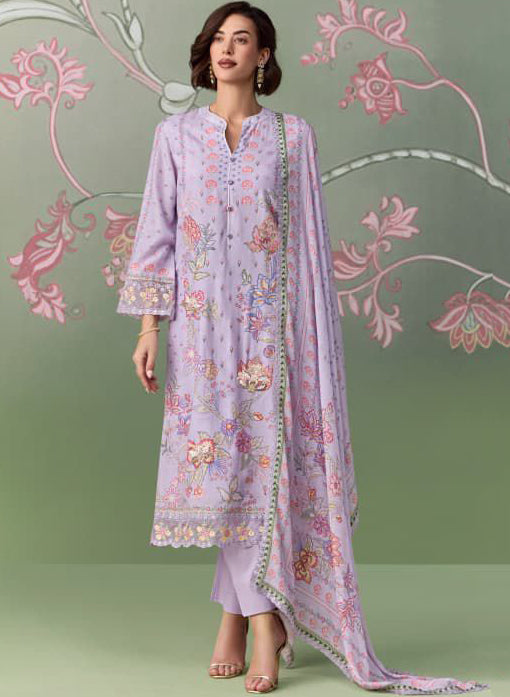 Pure Muslin Party Wear Purple Unstitched Suit Material with Embroidery