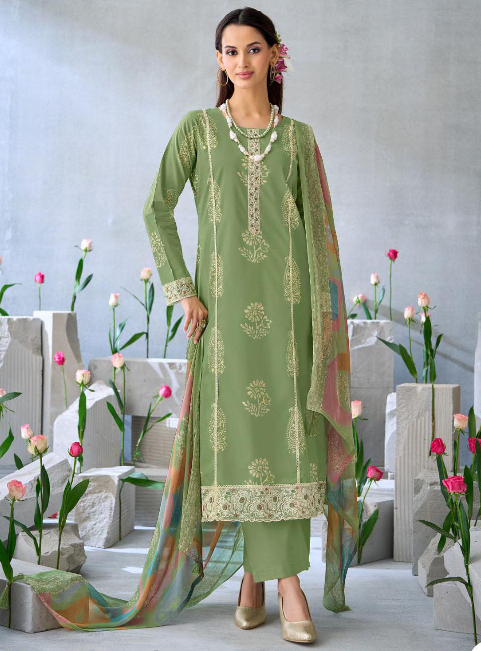 Green Pure Cambric Cotton Unstitched Suit Material for Women