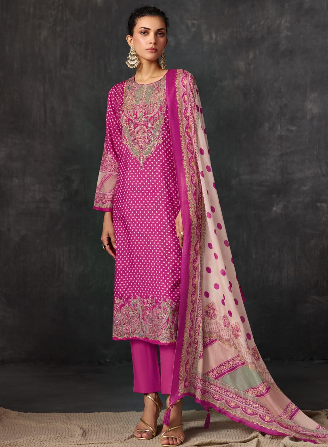 Pure Muslin Party Wear Pink Unstitched Suit Material with Chinon Dupatta