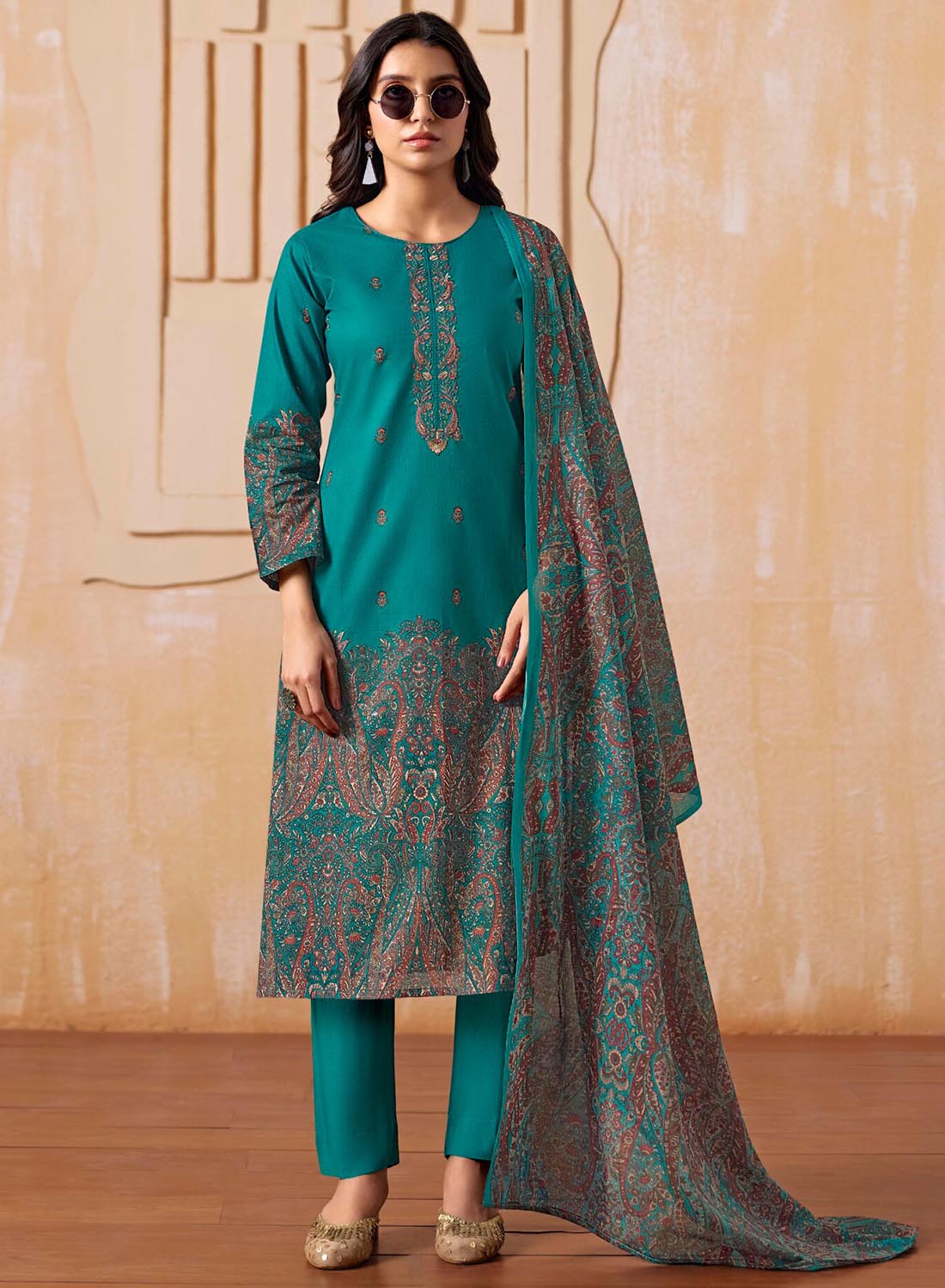 Teal Cambric Cotton Unstitched Suit Material Printed with Embroidery