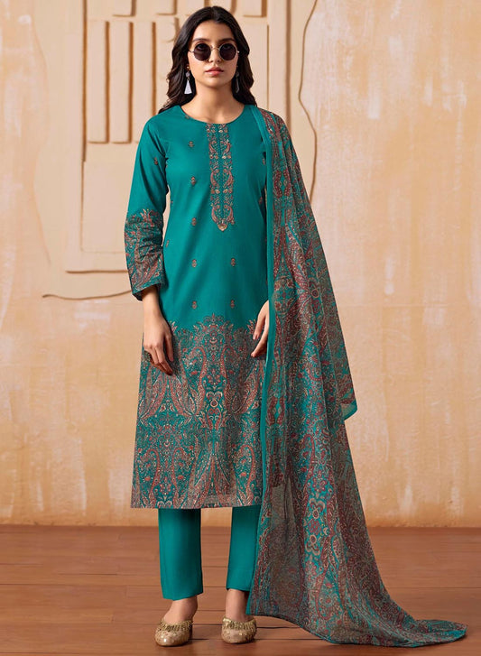 Teal Cambric Cotton Unstitched Suit Material Printed with Embroidery