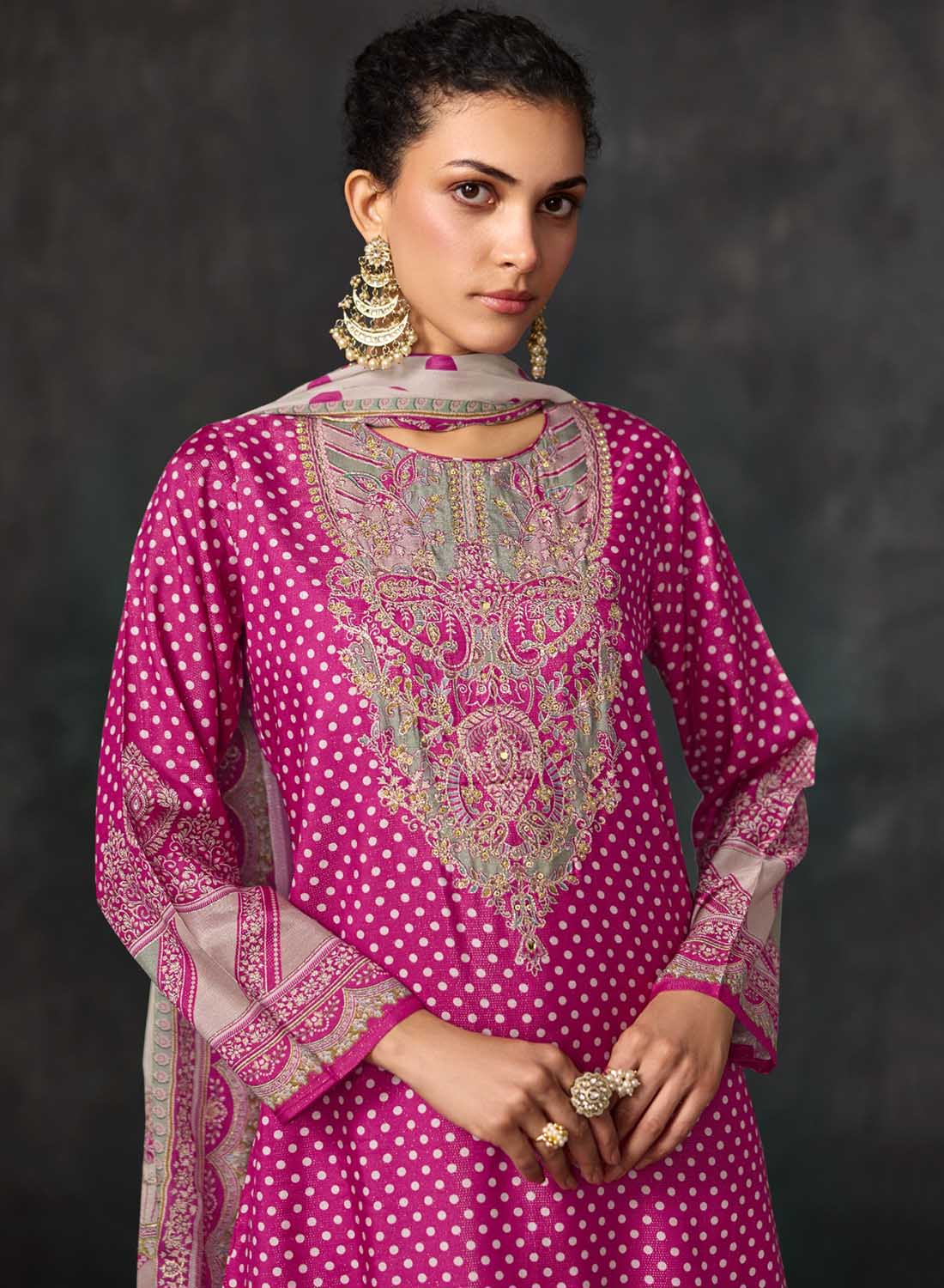 Pure Muslin Party Wear Pink Unstitched Suit Material with Chinon Dupatta