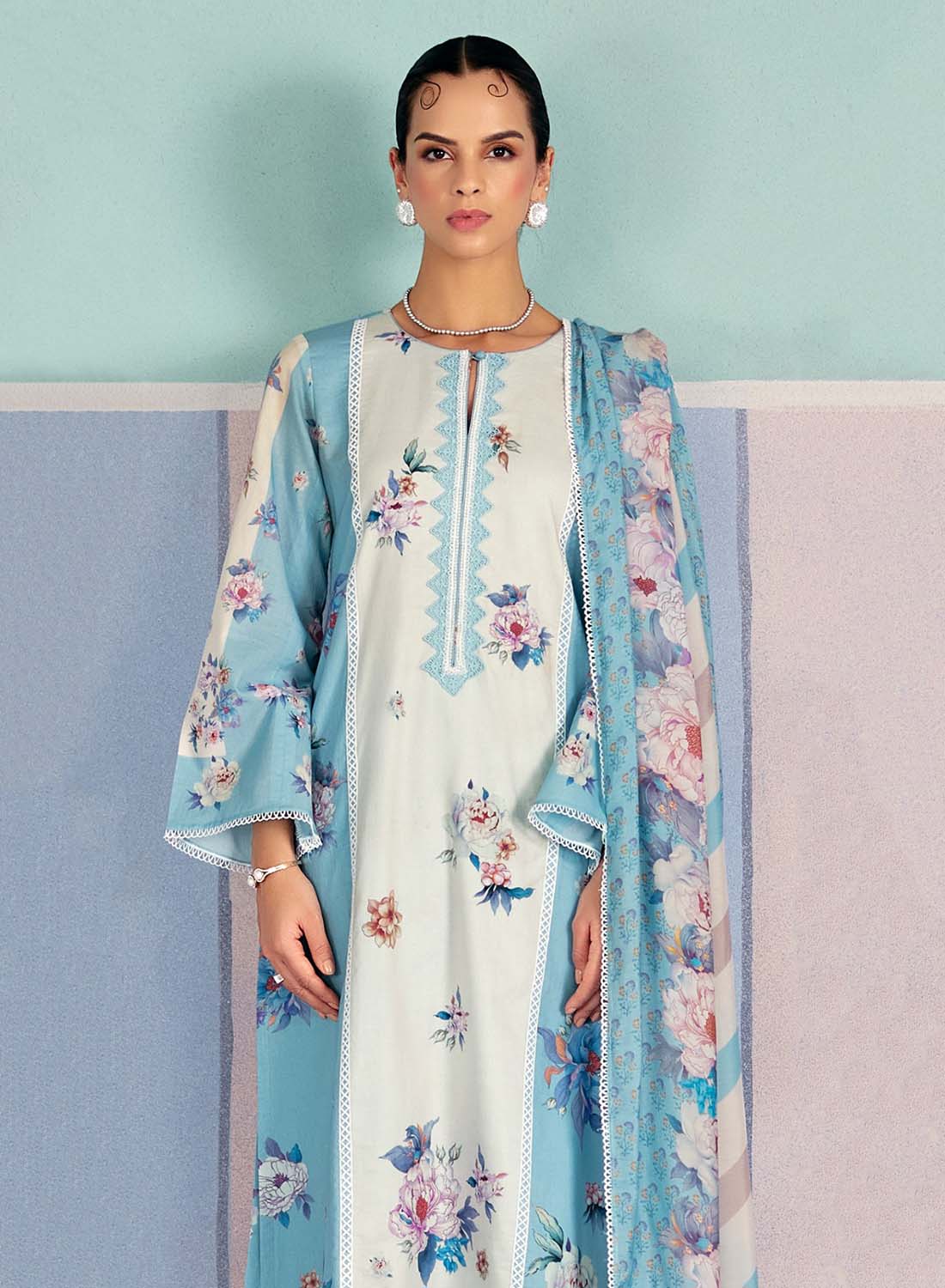 Pure Lawn Cotton Blue Unstitched Salwar Suit Material with Embroidery