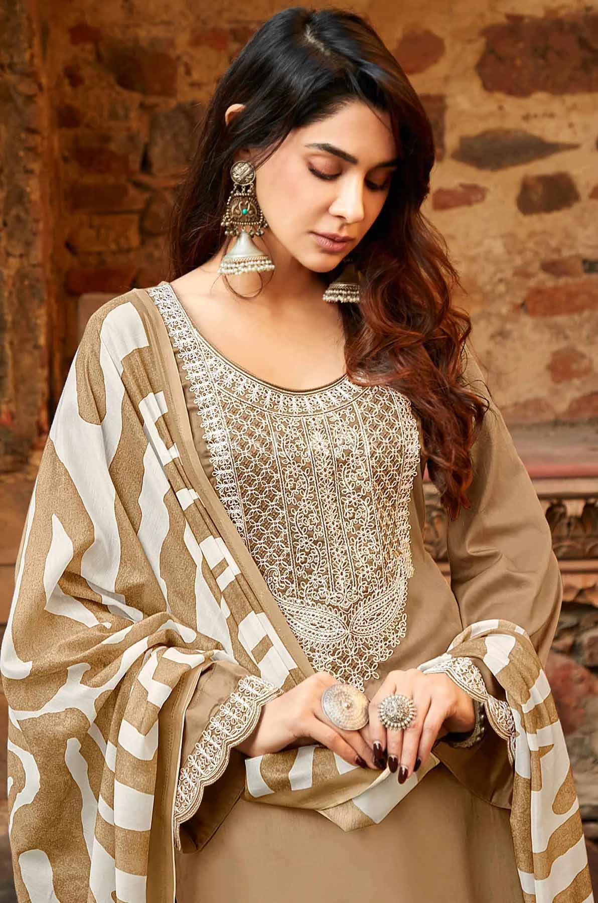 Brown Pure Cotton Satin Salwar Suit with Embroidery Unstitched Isabella