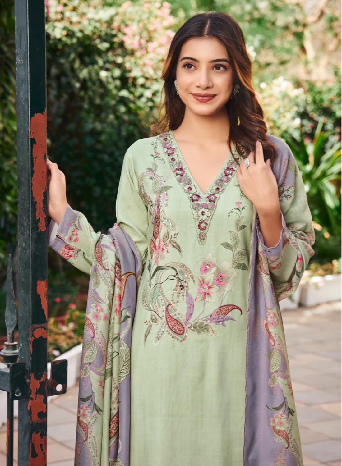 Party Wear Green Muslin Unstitched Salwar Suit Set with Embroidery