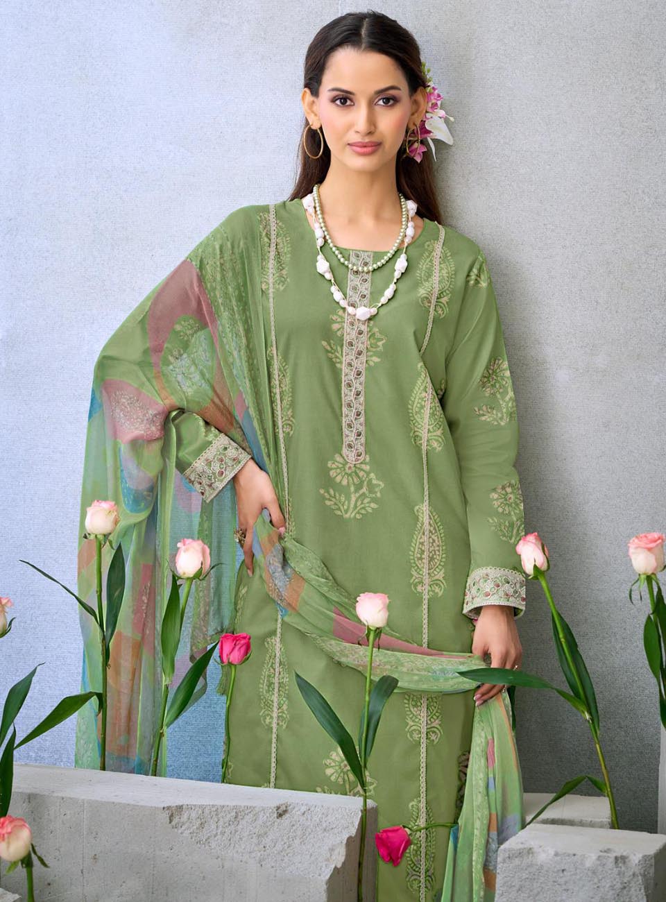 Green Pure Cambric Cotton Unstitched Suit Material for Women