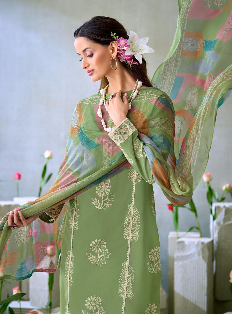 Green Pure Cambric Cotton Unstitched Suit Material for Women
