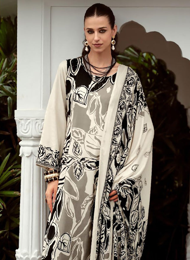 Cream Viscose Pashmina Unstitched Winter Salwar Suit Set Fabric Material