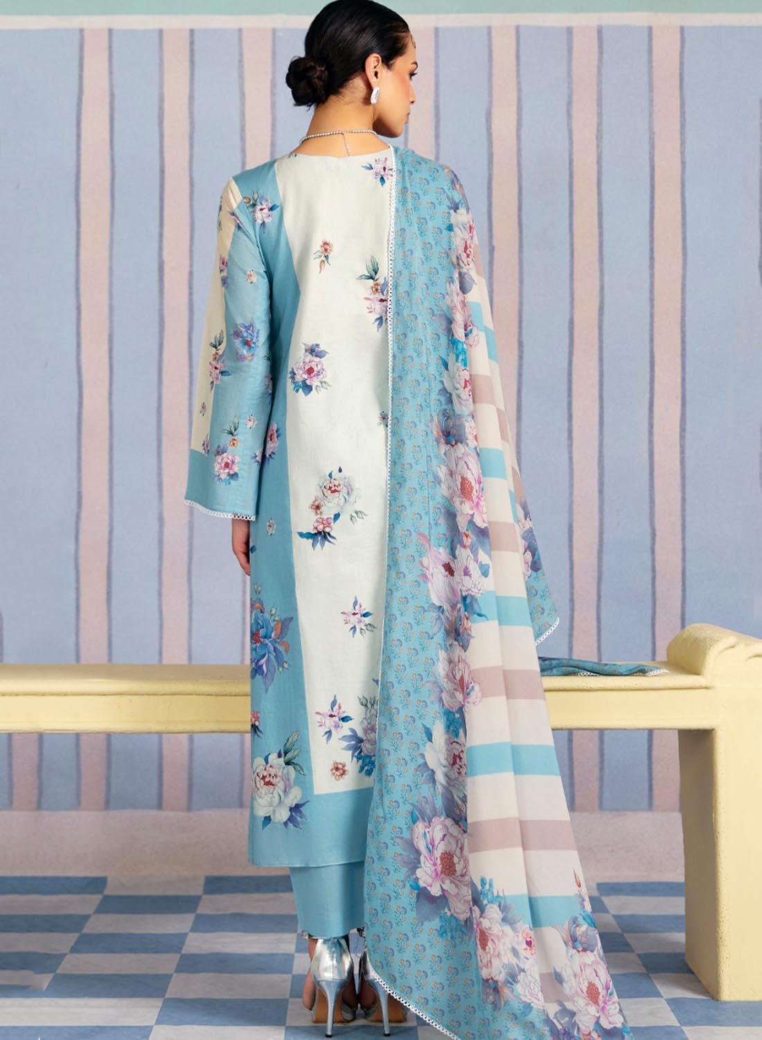 Pure Lawn Cotton Blue Unstitched Salwar Suit Material with Embroidery