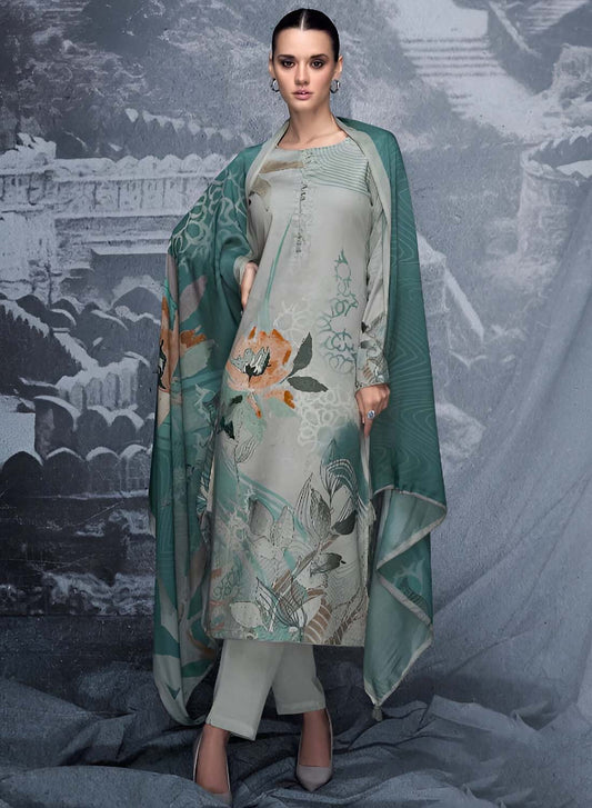 Pure Jam Silk Grey Printed Unstitched Salwar Suit Material for Women