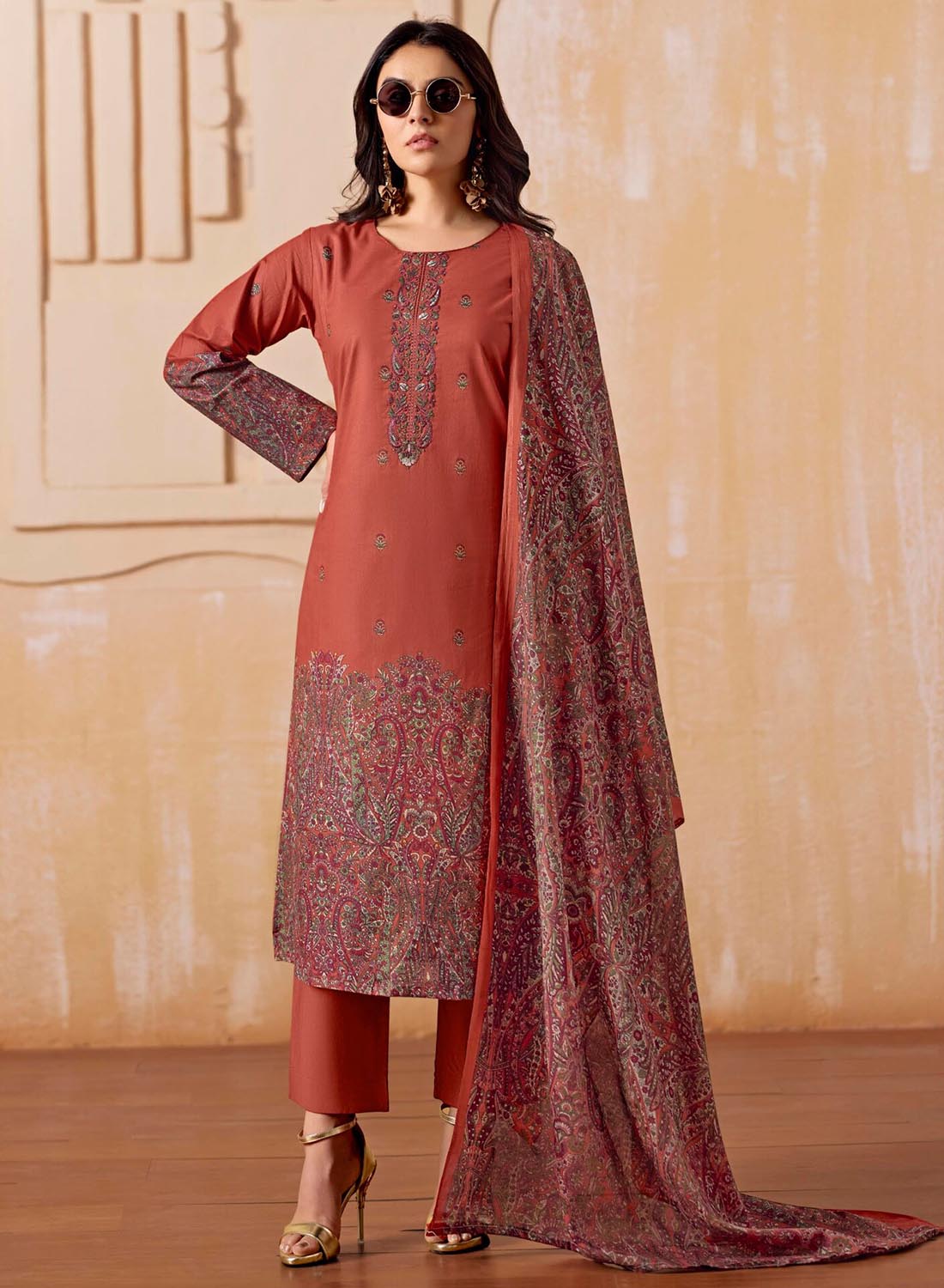 Cambric Cotton Unstitched Suit Dress Material Printed with Embroidery