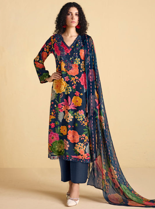 Muslin Unstitched Blue Party Wear Suit Dress Material with Embroidery