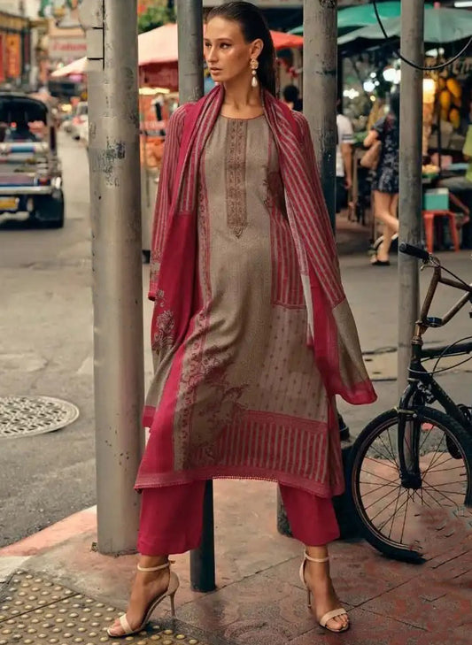 Red Unstitched Pashmina Winter Salwar Suit Set Material for Women