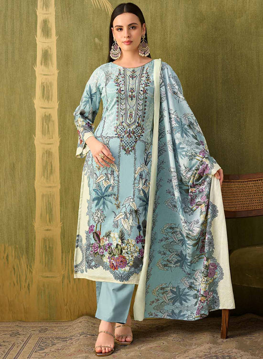 Printed Unstitched Cotton Pakistani Suit Material with Embroidery