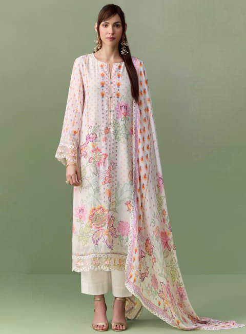 Pure Muslin Party Wear White Unstitched Suit Material with Embroidery