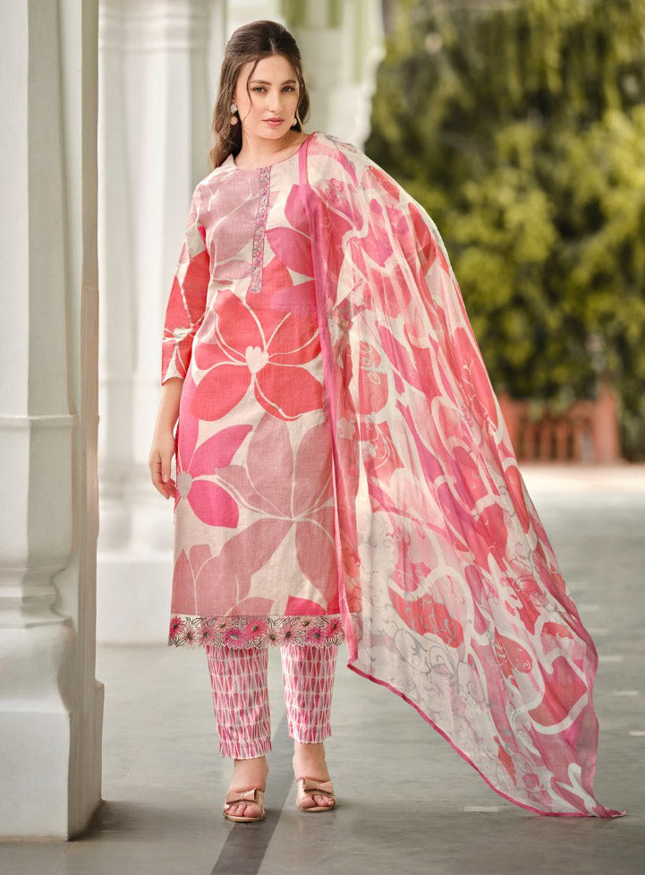 Pink Pure Lawn Cotton Unstitched Suit Material for Women With Dupatta