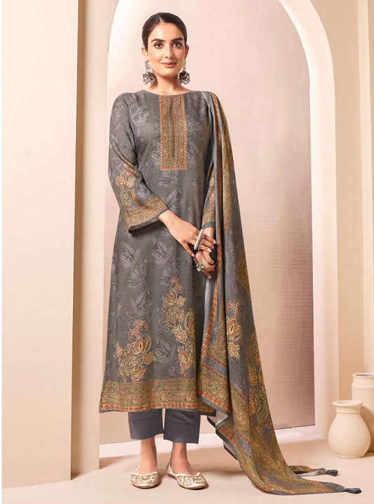 Grey Unstitched Pashmina Winter Suit Dress Materials for Women