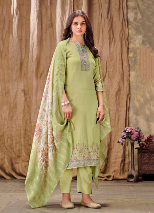 Rivaa Green Cotton Satin Unstitched Suit Dress Material for Women