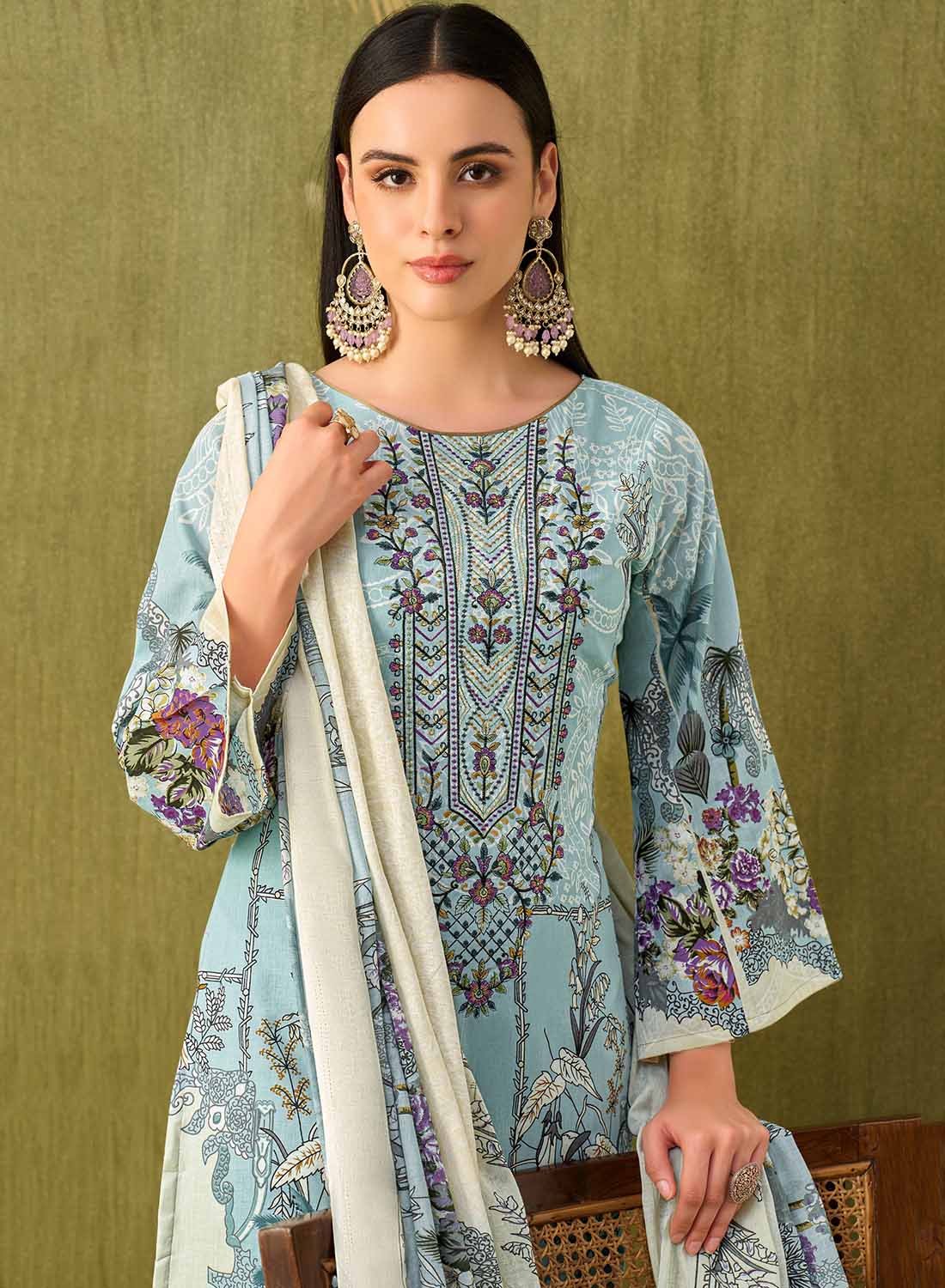 Printed Unstitched Cotton Pakistani Suit Material with Embroidery