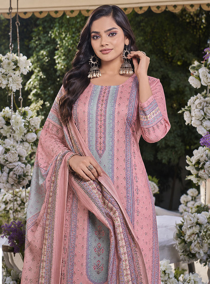 Printed Pink Cotton Unstitched Suit Material with Dupatta for Women