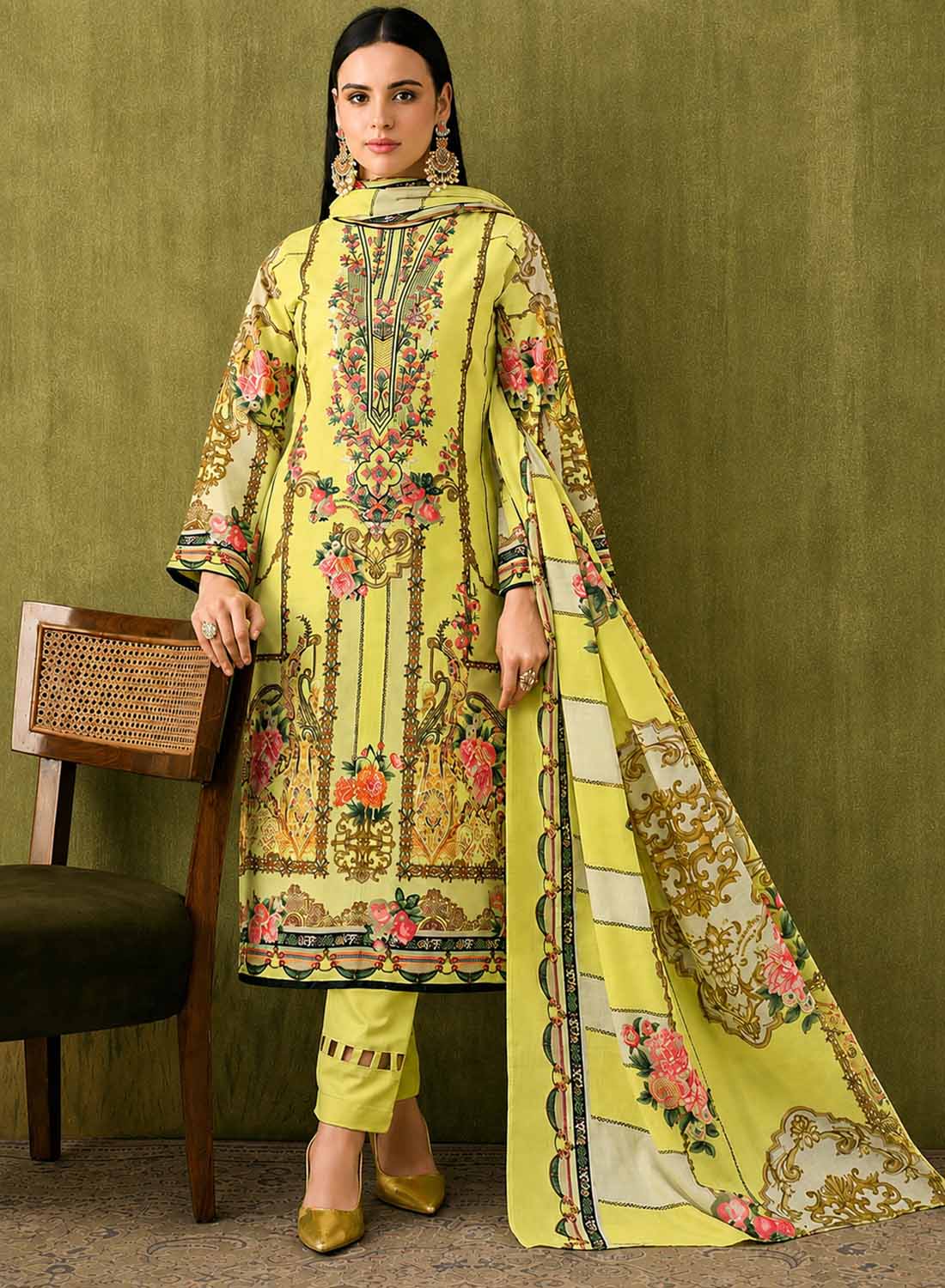 Lemon Green Printed Unstitched Cotton Pakistani Suit Material with Embroidery