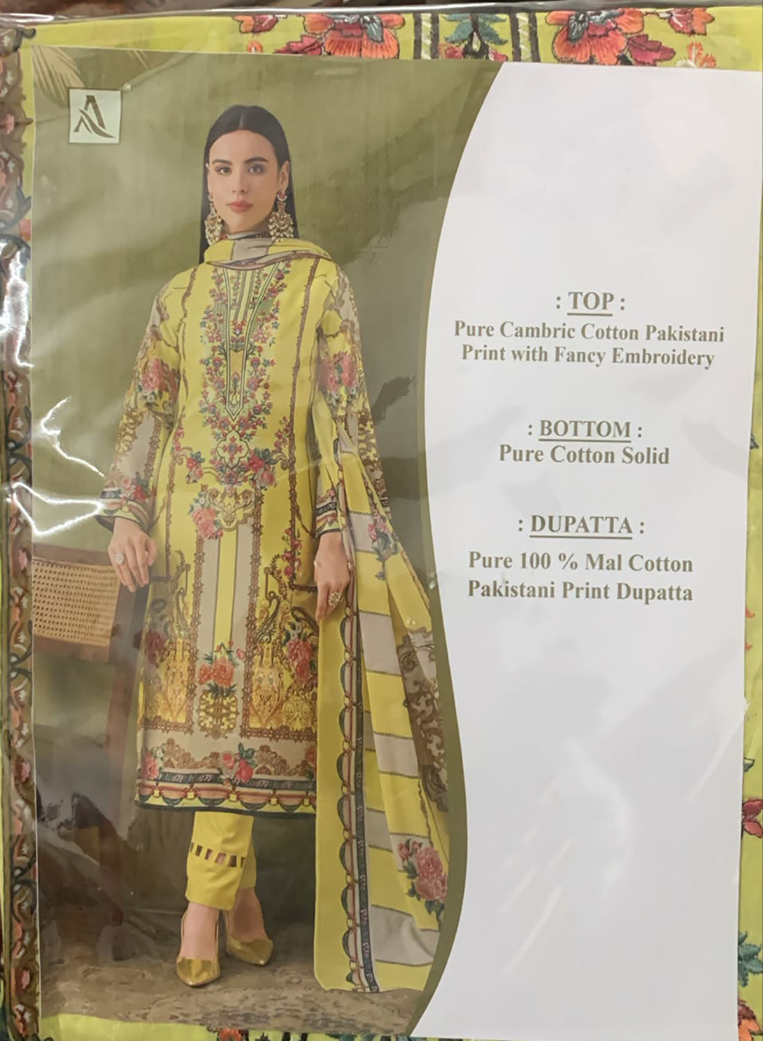 Lemon Green Printed Unstitched Cotton Pakistani Suit Material with Embroidery