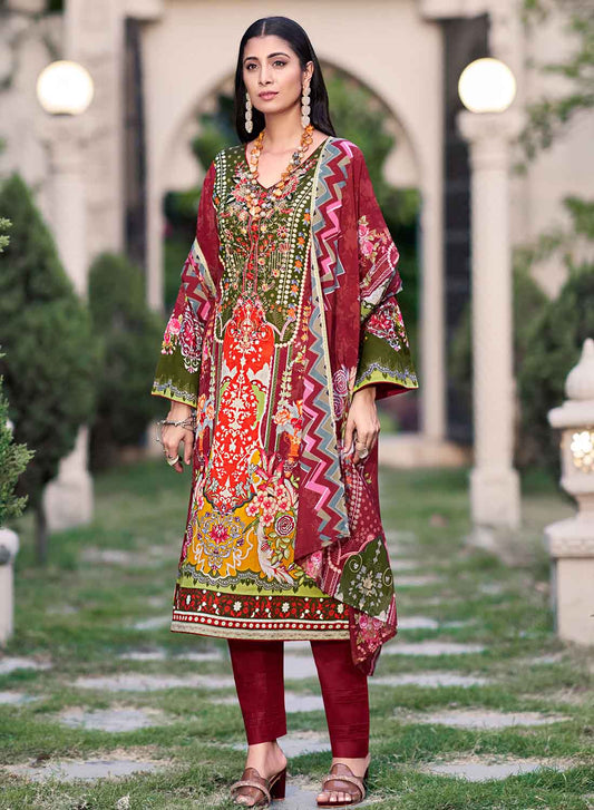 Maroon Pure Cambric Cotton Pakistani Print Unstitched Suit Set