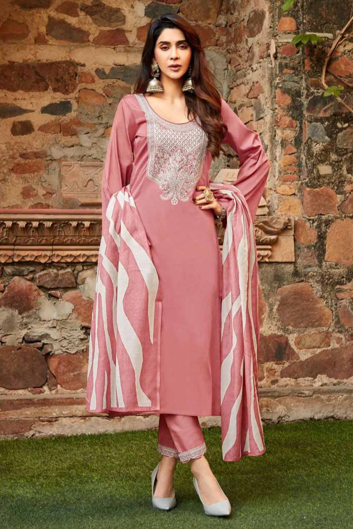 Unstitched Pure Cotton Satin Salwar Suit Material with Embroidery