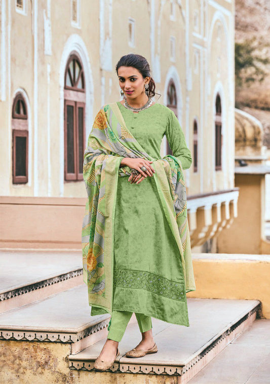 Cotton Silk with Embroidery Green Unstitched Women Suit Set