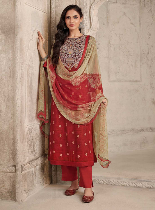 Women's Printed Red Pashmina Winter Suits Dress Materials